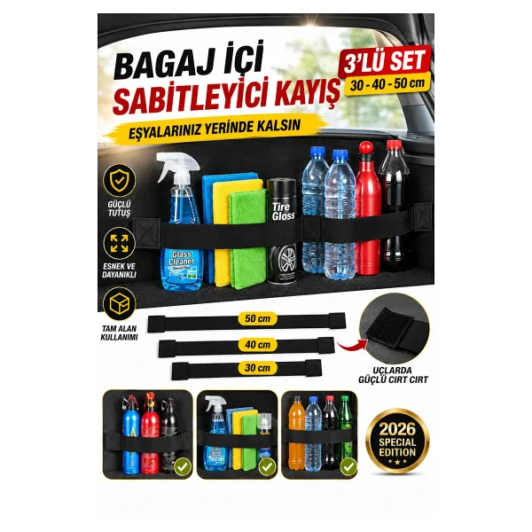 baffhome Araç Bagaj Sabitleyici Bagaj Düzenleyici Cırtlı Bagaj Bandı Esnek Lastik Bagaj Seti 3 lü