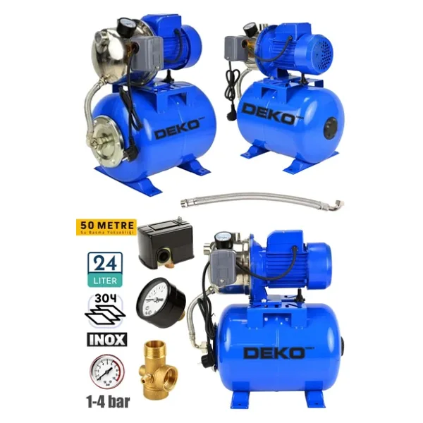 Deko Turkey 1.5 Hp Paslanmaz Jet Pompalı Su Pompası + 24LT Yatay Küre Tank Seti Otomatik Hidrofor Su Pompası