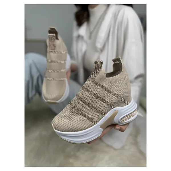 Günlük Triko Kadın Sneaker Gizli Topuk Taşlı Oval Burun Rahat Kalıp Nefes Alabilen Spor Ayakkabı 271 (Bej)