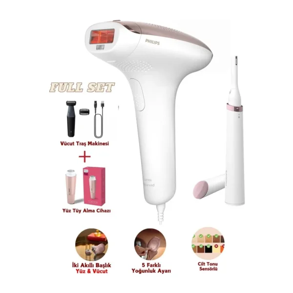 Ipl Lazer Epilasyon Cihazı, 2 Akıllı Başlık (Vücut ve Yüz Başlığı), + Tüy Alma Cihazı +Tıraş Makinesi + Lambader (Onerous) - Beyaz