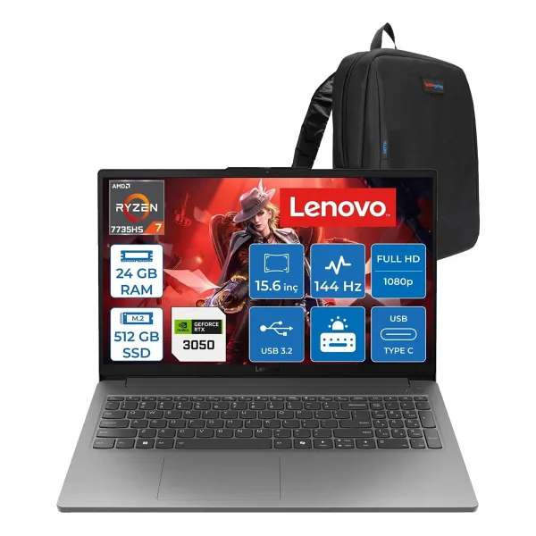 Lenovo Loq Essential 15ARP10 Amd Ryzen 7 7735HS 24GB 512GB SSD 6GB/RTX3050/65W 15.6" Fhd IPS 300NITS, 100% Srgb 144Hz Freedos Gaming Bilgisayar 83S00033TRF05 + Zettaçanta - 512 GB - 24 GB