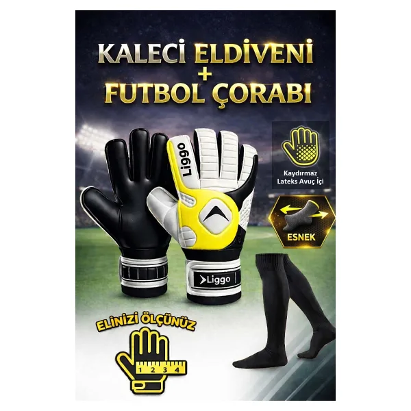 Liggo Reflex Yetişkin Çocuk Kaleci Eldiveni Kaleci Çorabı Seti - 9 - Yeşil