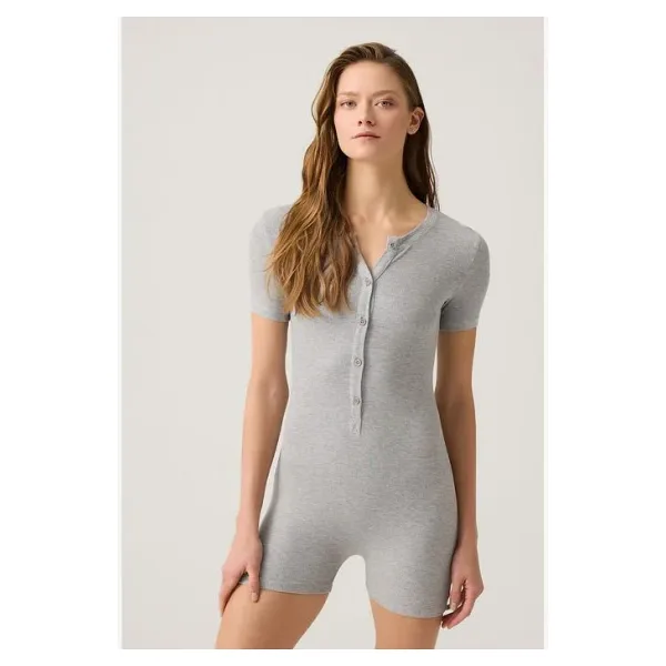 Los Ojos Gri Melanj Fitilli Kısa Kollu Kısa Tulum Short Romper