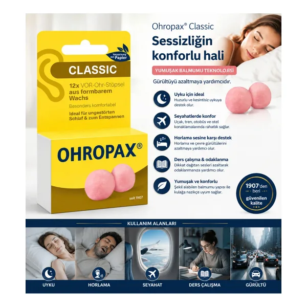 OHROPAX Classic Balmumu Kulak Tıkacı Uyku Seyahat Horlama Gürültü Önleyici Yumuşak Kulak Koruyucu