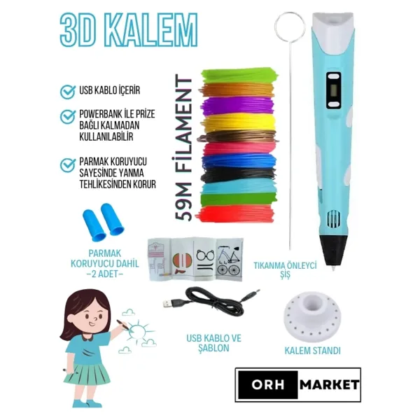 ORH MARKET Mavi 3D Kalem 3D Pen Yazıcı Kalem - Çok Renkli Pla Filament (Toplam 59M) + USB Kablo