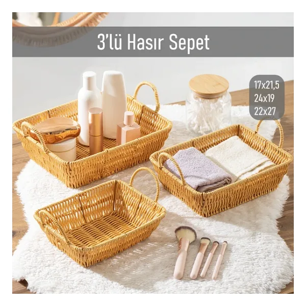 Porsima 301-B Dikdörtgen 3'lü Dekoratif Ev Düzenleyici Kendinden Kulplu Hasır Seti Banyo Düzenleyici Sepet