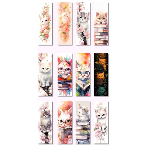 Qoeuyl Boutique Kedi Kitap ve Çiçek Tasarım Hediyelik 12'li Kitap Ayracı Seti - Renkli
