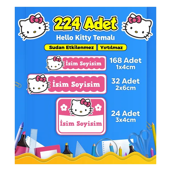 Sb Store 224 Adet Model 5 Hello Kitty İsim Etiketi Seti Okul Kreş İçin Kullanışlı PVC Etiketler