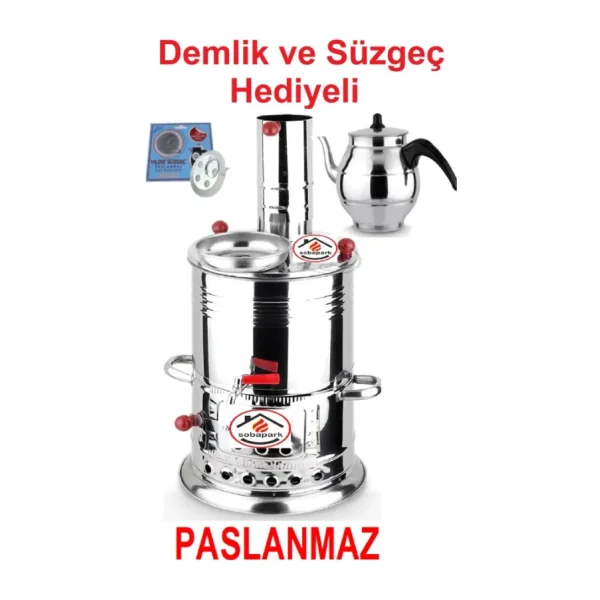 Sobapark Tek Musluklu Odunlu Kömürlü Çay Semaveri Odunlu Kömürlü Semaver - 5 Litre - Demlik 1 Litre