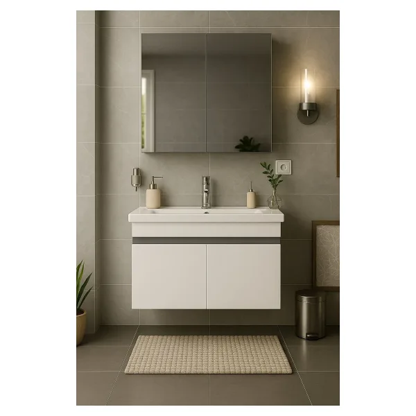 Tasarım Arista 80CM Beyaz Renkli Mdf, Seramik Lavabolu, Alt ve Üst Dolaplı, Üst Aynalı, Banyo Dolabı Takımı