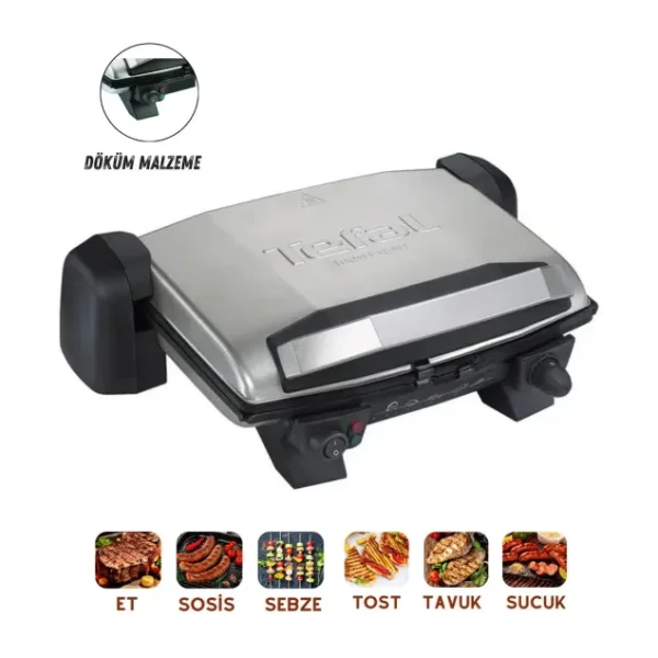TEFAL Inox Döküm Elektrikli Izgara ve Tost Makinesi, Çift Yönlü Yapışmaz Çıkarılabilir Plaka