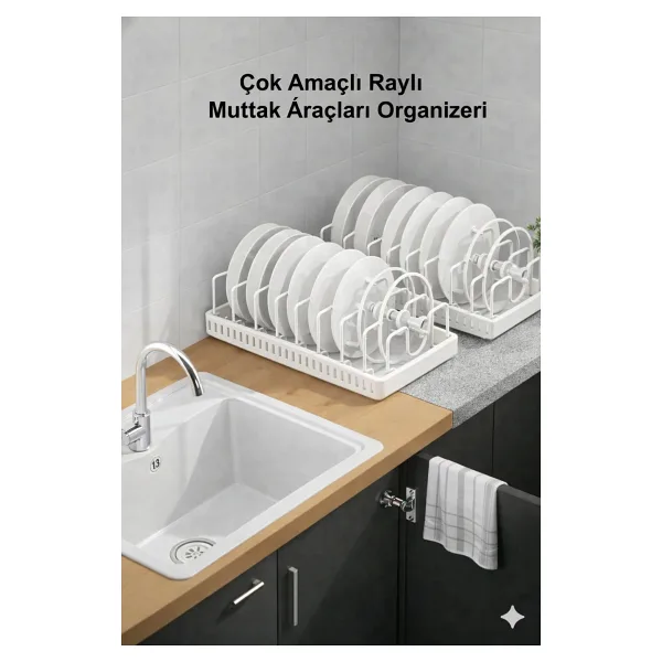 TncPatiShop 2'li Yapışkanlı Teleskopik Raylı Mutfak Araçlar Düzenleyici Baharatlık Tava Tencere Tezgah - Beyaz