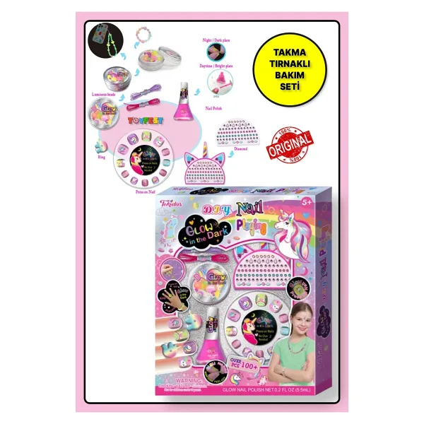 Tokidas D.I.Y Nail Playing/Glow in the Dark - Unicorn Temalı Stickerlı Glow Çocuk Takma Tırnak Seti T035