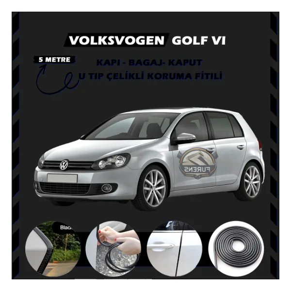 Volksvogen Golf 6 Oto Araç Kapı Koruma Fitili 5metre Parlak Siyah Renk