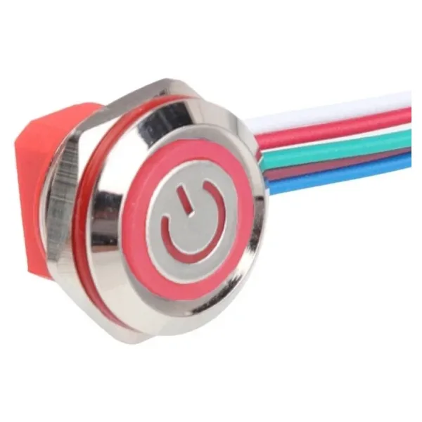 WD12C1-Wired-P1-EC 12mm Düz Yaylı Kırmızı Işıklı Metal Buton - Kablolu