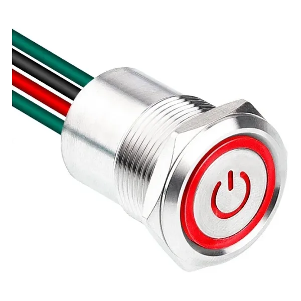 WD19D1-P2-EC 19mm Düz Yaylı Işıklı Power Kablolu Metal Buton - Kırmızı