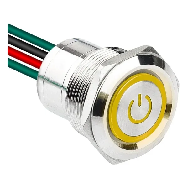 WD22D1-P2-EC 22mm Düz Yaylı Işıklı Power Kablolu Metal Buton - Sarı
