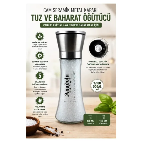 ANADOLU HASAT Metal Başlıklı Seramik Çankırı Tuz Değirmen Öğütücü 200gr