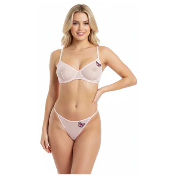 Bonbon Kadın Kelebek Figürlü Tül Transparan Balenli Pembe Renk Sütyen ve String 2'li Takım BB2205