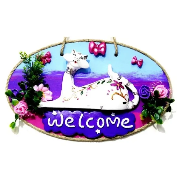 Kedi Figürlü Welcome Yazılı El Yapımı Kapı Süsü
