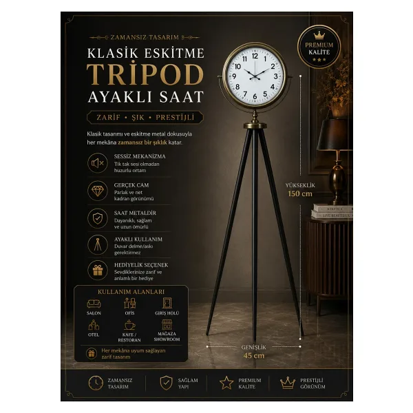 Klasik Eskitme Tripod Ayaklı Saat