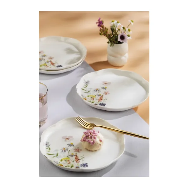 Kütahya Porselen Bone Velora 4 Parça 20 Cm Pasta Tabağı Çiçekli