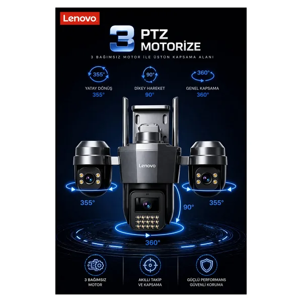 Lenovo 3 Motorize Kameralı 15MP Wifi Aov Sürekli Kayıt Özellikli Ultra Renkli Gece Görüşlü Güvenlik Kamerası