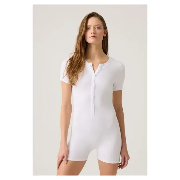 Los Ojos Beyaz Fitilli Kısa Kollu Kısa Tulum Short Romper
