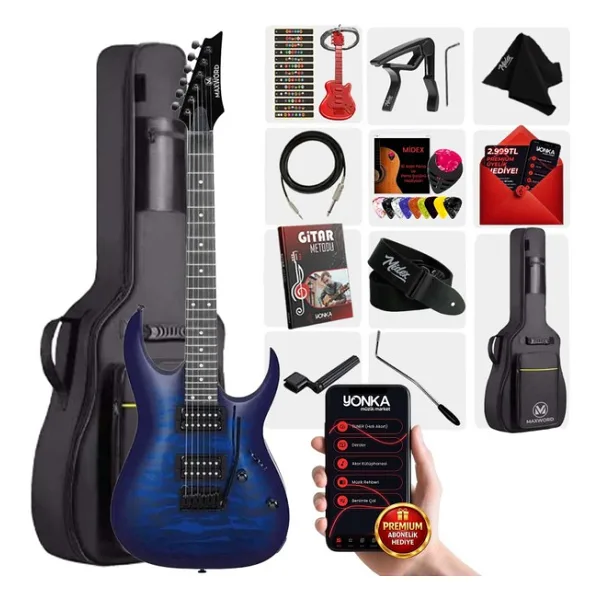 Maxword Grade Blue Rosewood Klavye HH Floyde Rose Elektro Gitar - Mavi