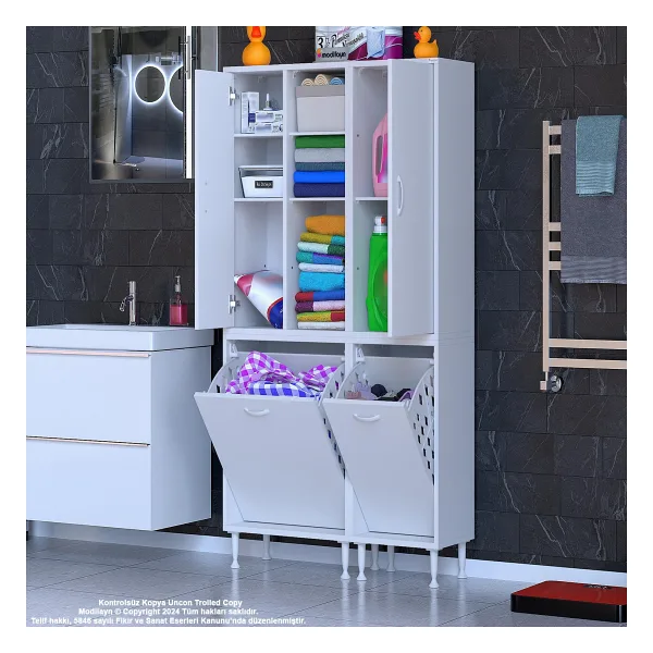 Modilayn Alaçatı Inci 90X160X32 3 Kapaklı 2 Sepetli Banyo Dolabı Kirli Çamaşır Dolabı Mutfak Dolabı