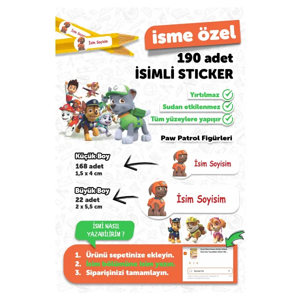 Msticker Paw Patrol Temalı İsim Yazılabilen Okul Etiketi 190 Adet Kalem Defter Etiketi