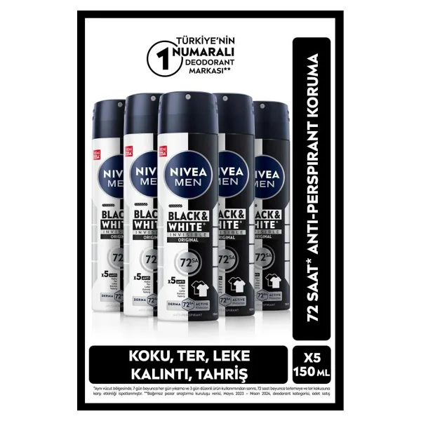 NIVEA MEN Erkek Sprey Deodorant Black & White Invisible Original 150ml, 72 Saat Anti-Perspirant, X5 Adet