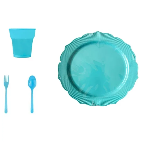 Omeyva 26 Cm. Plastik Mika Turkuaz Sorfa Piknik Seti - 12 Kişilik Tabak Bardak Çatal Kaşık Takımı