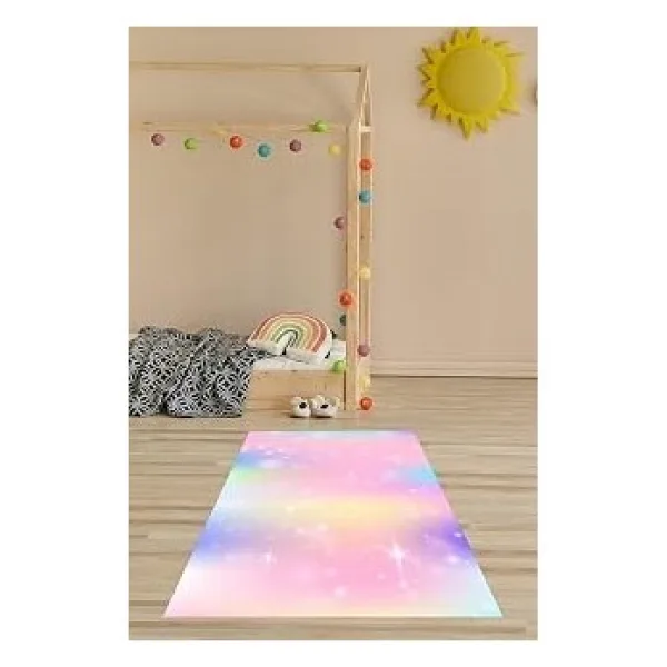 Pelangi Renkli Uzay Desenli Halı Dijital Baskı Yıkanabilir Kaymaz Taban Leke Tutmaz Çocuk Odası Halısı, Pembe 40 x 40