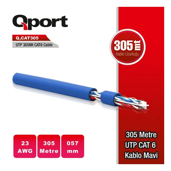 QPORT Q-CAT6 305 MT UTP CAT6 NETWORK KABLO MAVI 23AWG 0.57MM