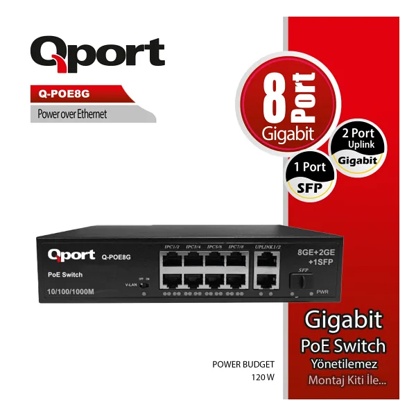 QPORT Q-POE8G 8 PORT 10/100/1000 8 PORT POE 2 PORT UPLINK 120W YONETILEMEZ DESKTOP SWITCH