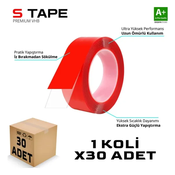 S-dizayn Çift Taraflı Bant 20mm X 5 Metre Şeffaf Silikon Vhb Bant 30'lu Koli A+kalite