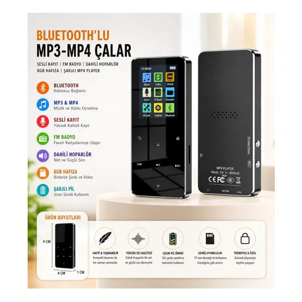SIGHTZER Bluetooth Lu Mp3-mp4 Çalar Ses Kayıt Fm Radyolu Şarjlı Mp4 Player Dahili Hoparlör 8gb Hafızalı