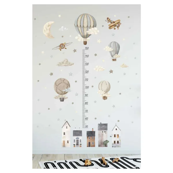 Sim Tasarım Retro Balonlar Ve Evler Boy Cetveli Boy Ölçer Çocuk Odası Duvar Sticker Seti