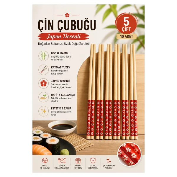 TBY Shop Bambu Chopstick 5 Li Desenli Yıkanabilir Çin Suşi Ramen Noodle Yemek Çubuğu