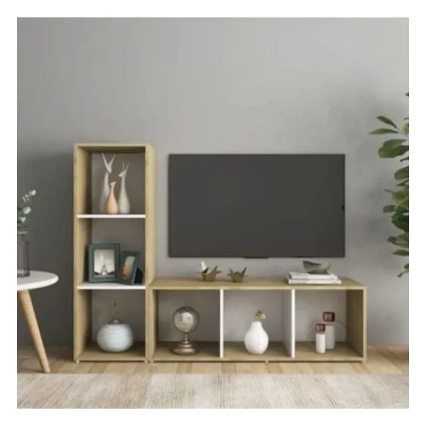Tdesıgno Onur Kitaplıklı Televizyon Sehpası - Ünitesi -Kitaplık-Meşe Beyaz 120 Cm 6 Raflı