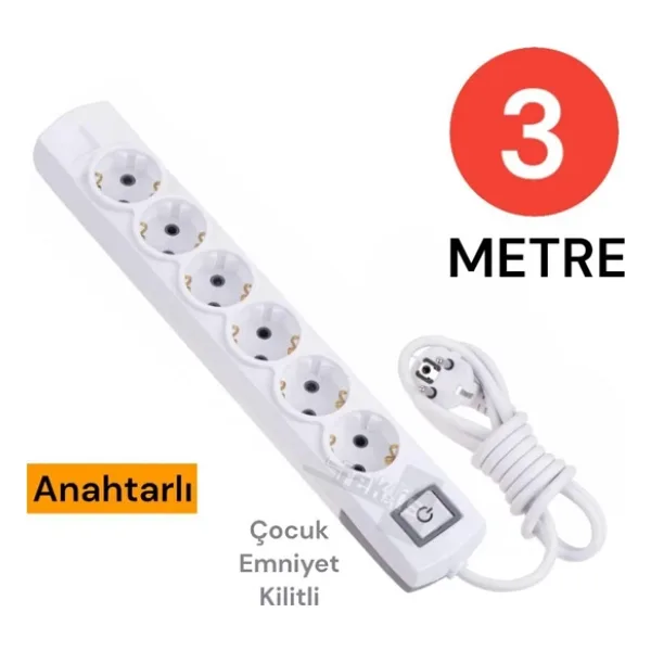 Tek-İş Grup Priz Topraklı 6 Lı 3 Metre Anahtarlı Çocuk Korumalı Çoklu Priz Seyyar Ara Kablo Uzatma Kablosu