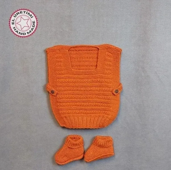 Uretti - Talia 8659 2067 El Örgüsü Erkek Çocuk Kiremit Rengi Süveter - Patik Set - 12-18 Ay