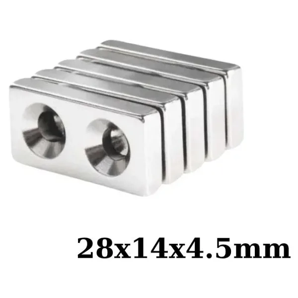28x14x4.5-5mm Çift Havşa Delikli Neodyum Güçlü Mıknatıs - Neodim Magnet
