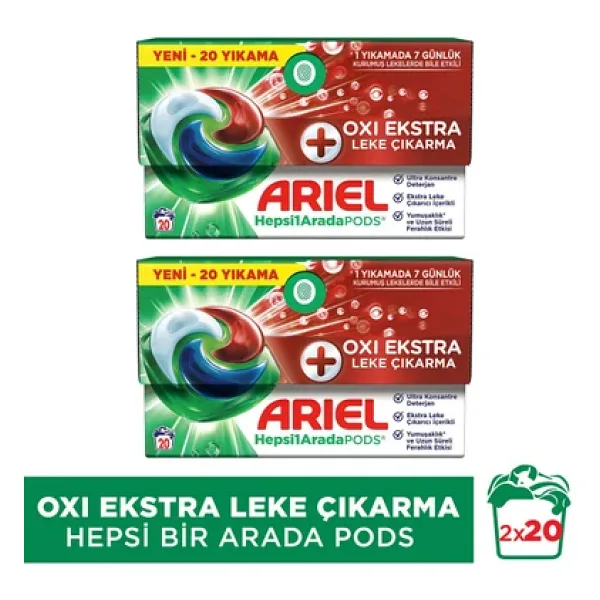 Ariel Hepsi1Arada PODS Oxi Extra Leke Çıkarma Kapsül Çamaşır Deterjanı Beyazlar ve Renkliler 20 Yıkama x2