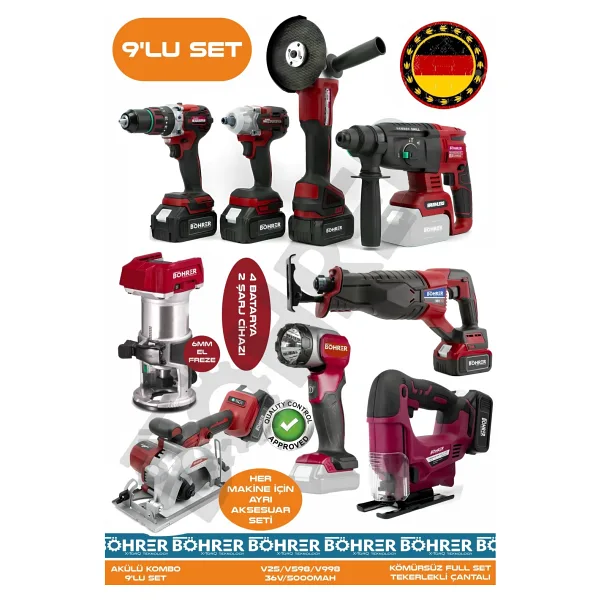 BÖHRER Alman 9 Makine Kombo Set Ba01093k 4 Akülü 2 Şarjlı Kömürsüz V598 5ah Profesyonel - Red Kirmizi