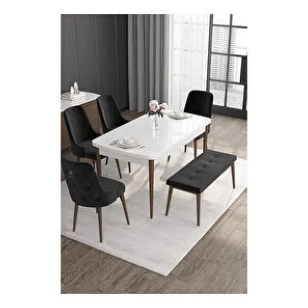 Canisa Noa Serisi,beyaz Masa Ceviz Ayak Mdf 80x132 Açılabilir Yemek Odası Takımı,4 Sandalye Gümüş Halkalı Ve 1 Bench
