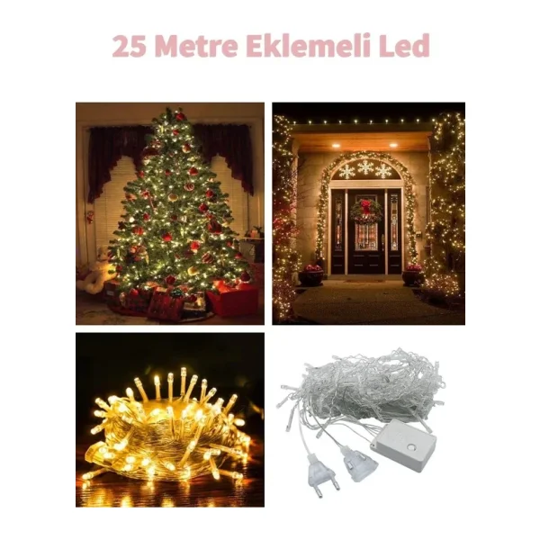 Fonksiyonlu Gün Işığı Eklemeli 25 Metre Dekor Led - Çam Ağacı Süsü Yılbaşı Süsü - Pirinç Led