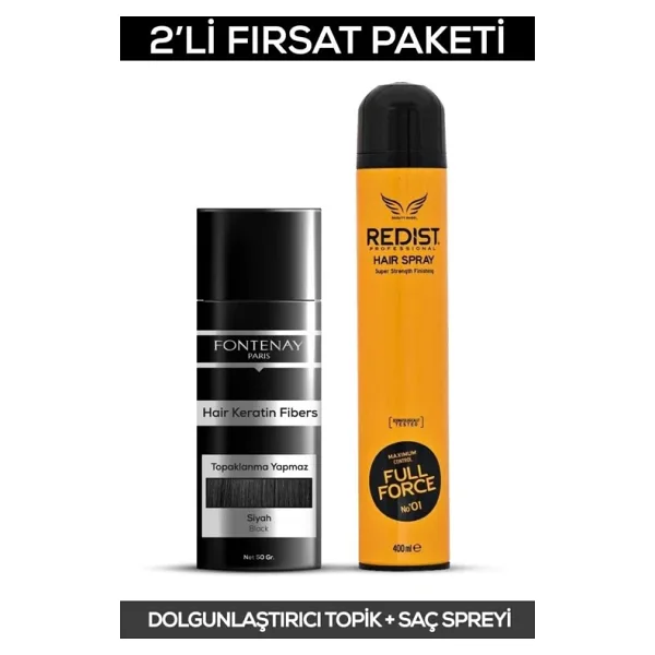 Fontenay Saç Dolgunlaştırıcı Keratin Fibers Siyah Topik Saç Tozu 50gr + Saç Spreyi 400ml 2'li Set