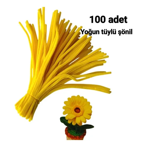 hyc heryerçiçeklenir 100 Adet Sarı Şönil, Çiçek Yapımına Uygun Tüylü Tel, 30 cm 6 mm